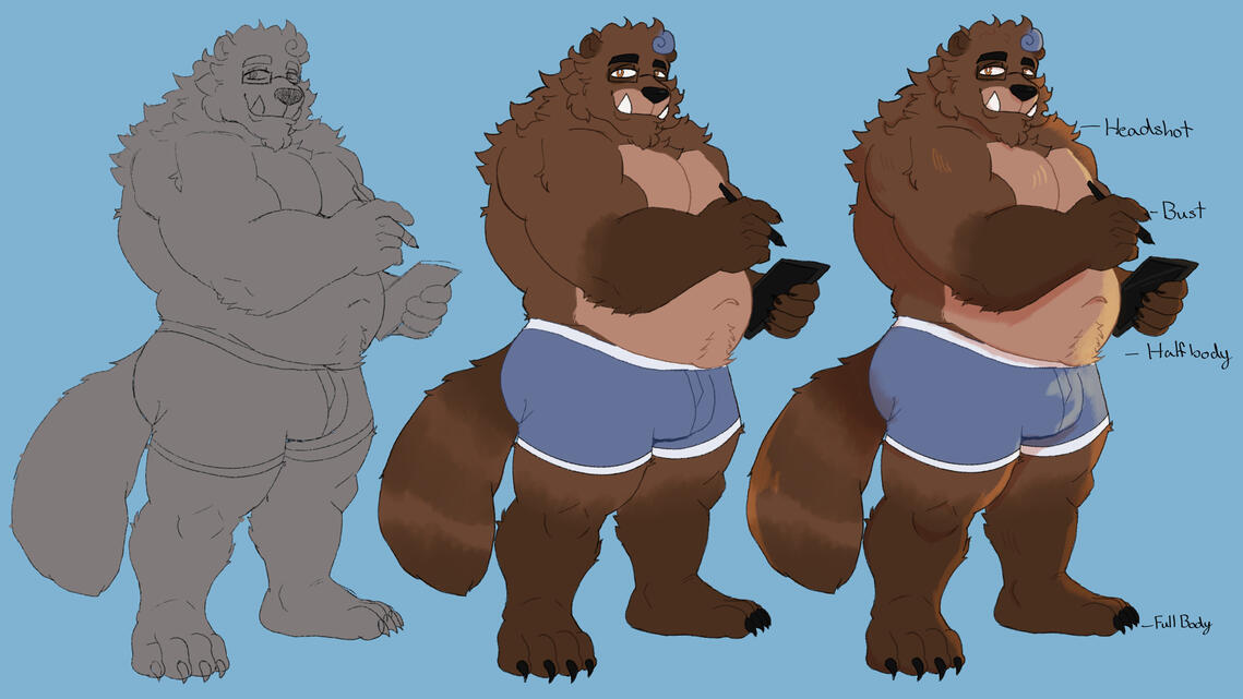 An example of what a sketch, flat color, and render will like